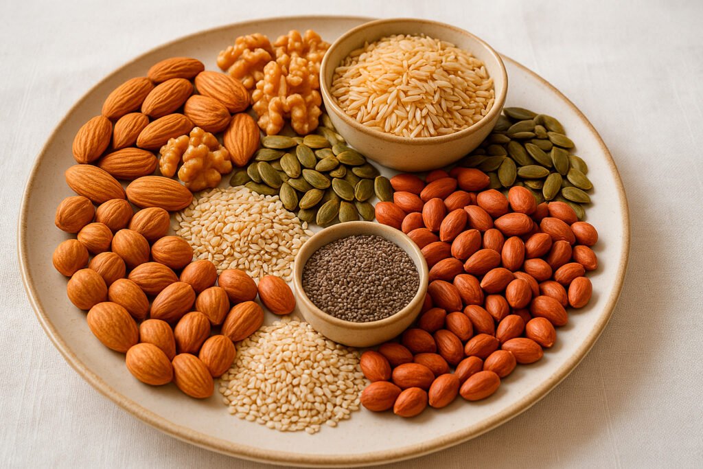 Colorful plate of nuts and seeds to strengthen immune system with magnesium
