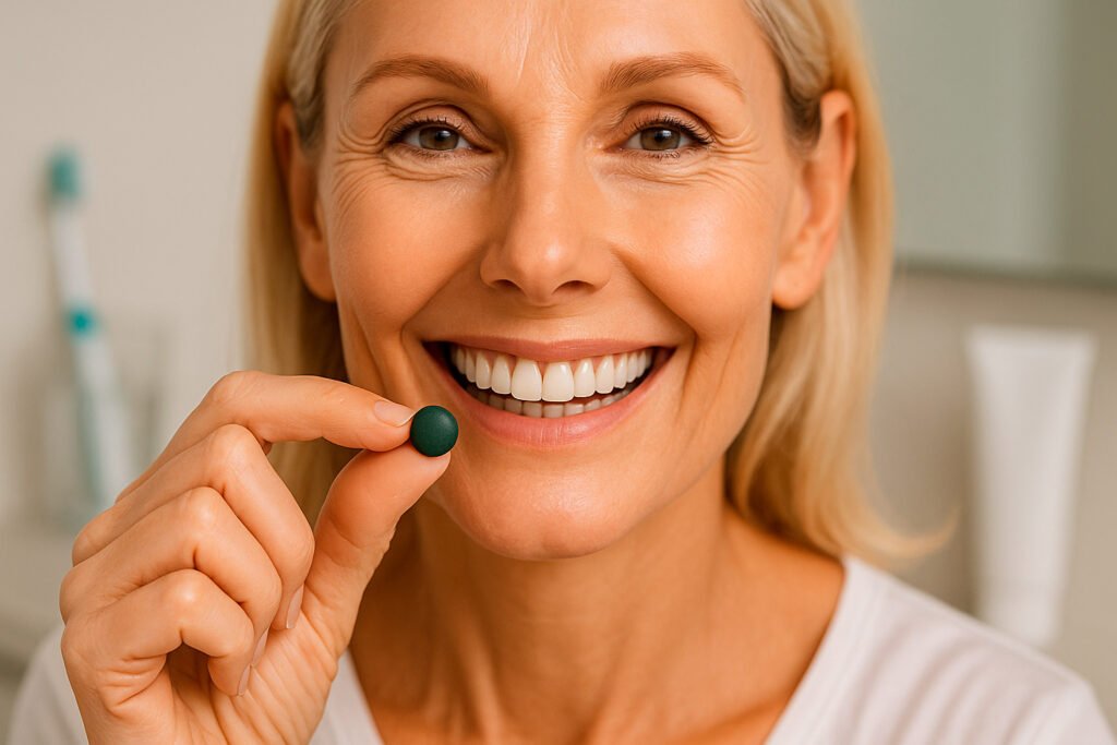 Smiling person with spirulina to support oral health