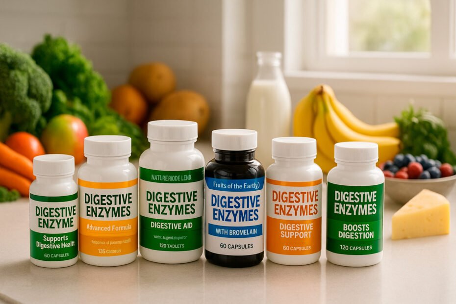Digestive enzymes supplements displayed with fresh foods on kitchen counter