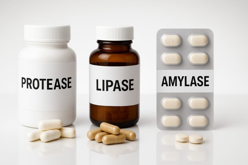 Enzyme supplements variety showing different digestive support options