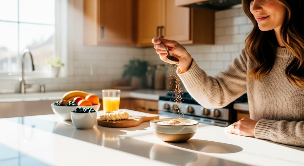 Sprinkling flaxseed lignans on yogurt bowl in bright kitchen with woman
