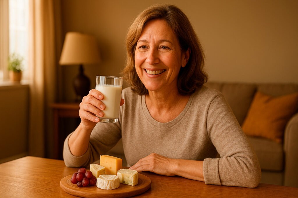 Lactose intolerance relief shown by woman enjoying dairy products comfortably