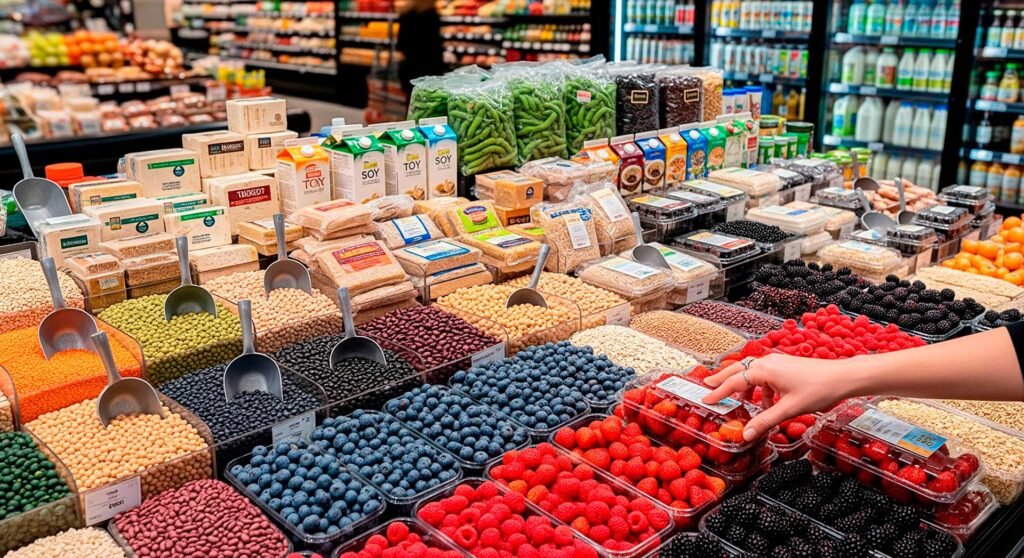 Grocery display of natural phytoestrogens including soy legumes berries in supermarket