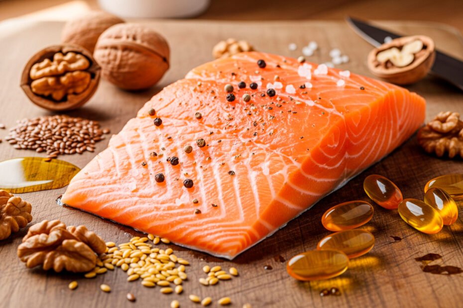 Omega 3 benefits shown through salmon, walnuts, and supplements on wooden board
