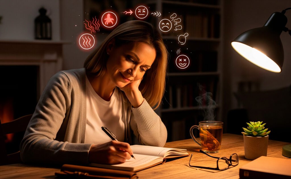 Woman journaling relief from perimenopause symptoms with fading hot flash icons in home setting