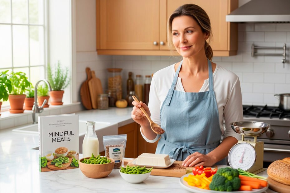 Middle-aged woman preparing meal with phytoestrogens for perimenopause sources like soy and flaxseeds in kitchen
