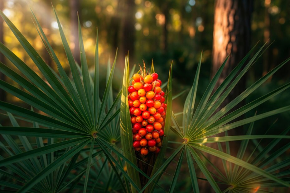 Saw palmetto benefits illustrated by fresh berries in nature