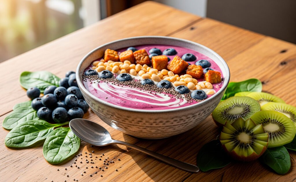 Smoothie bowl with soy isoflavones tempeh and fresh ingredients on table