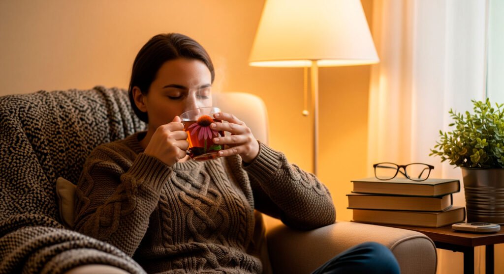 Person sipping tea for anxiety relief using echinacea in room