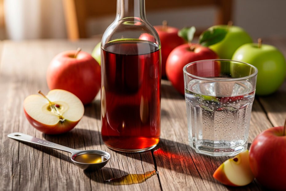 Apple cider vinegar benefits displayed with bottle and fresh apples on wood