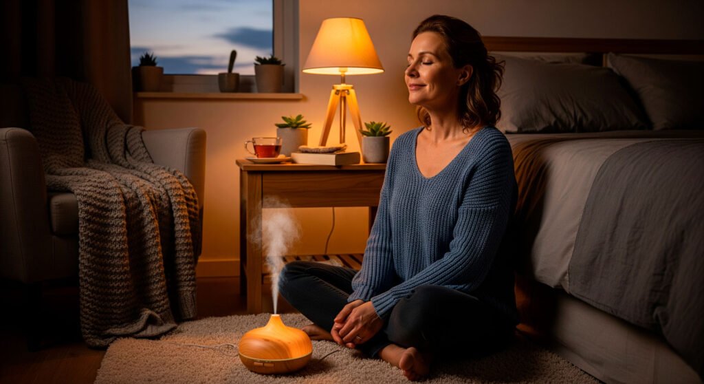 Aromatherapy uses shown with woman using diffuser for relaxation