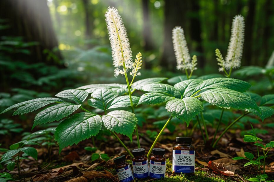 Black cohosh benefits shown with flowering plant and supplement bottles in nature