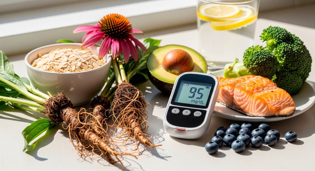 Echinacea roots with glucometer for blood sugar control on counter
