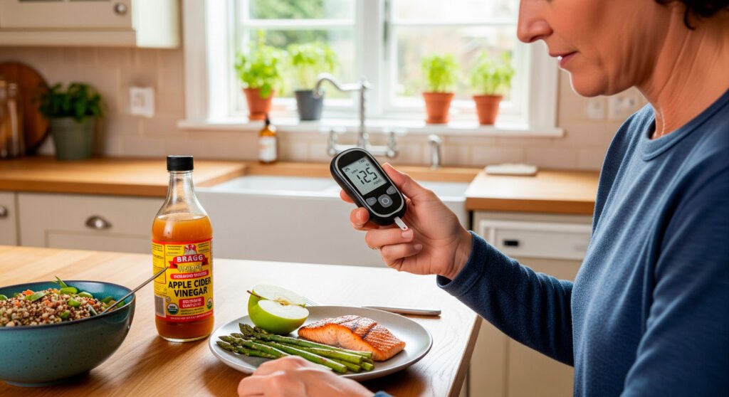 Blood sugar control monitoring with apple cider vinegar and healthy meal