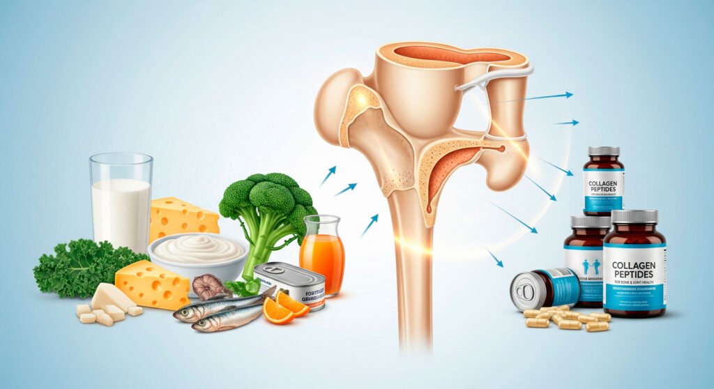 Bone density illustration with calcium foods and collagen supplements