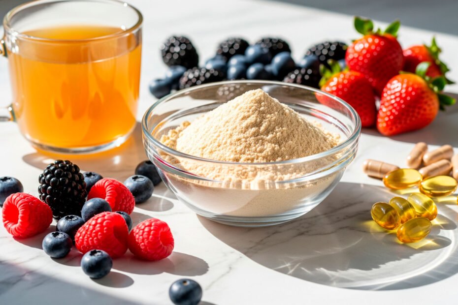 Collagen benefits displayed with powder, supplements, and natural food sources