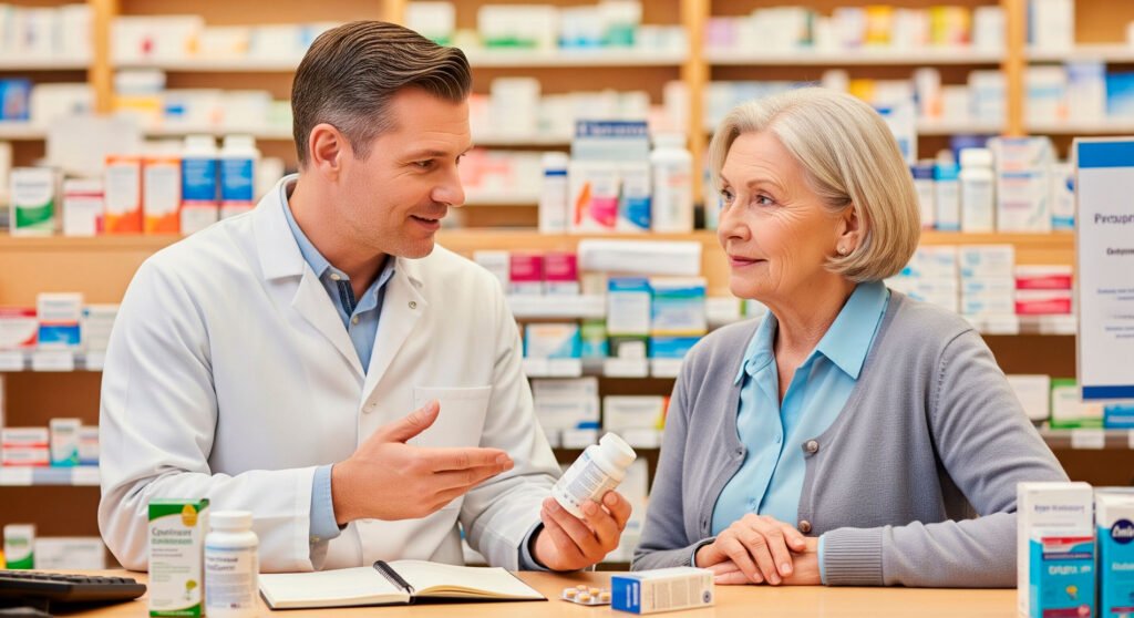 Drug interactions consultation between pharmacist and woman about supplements