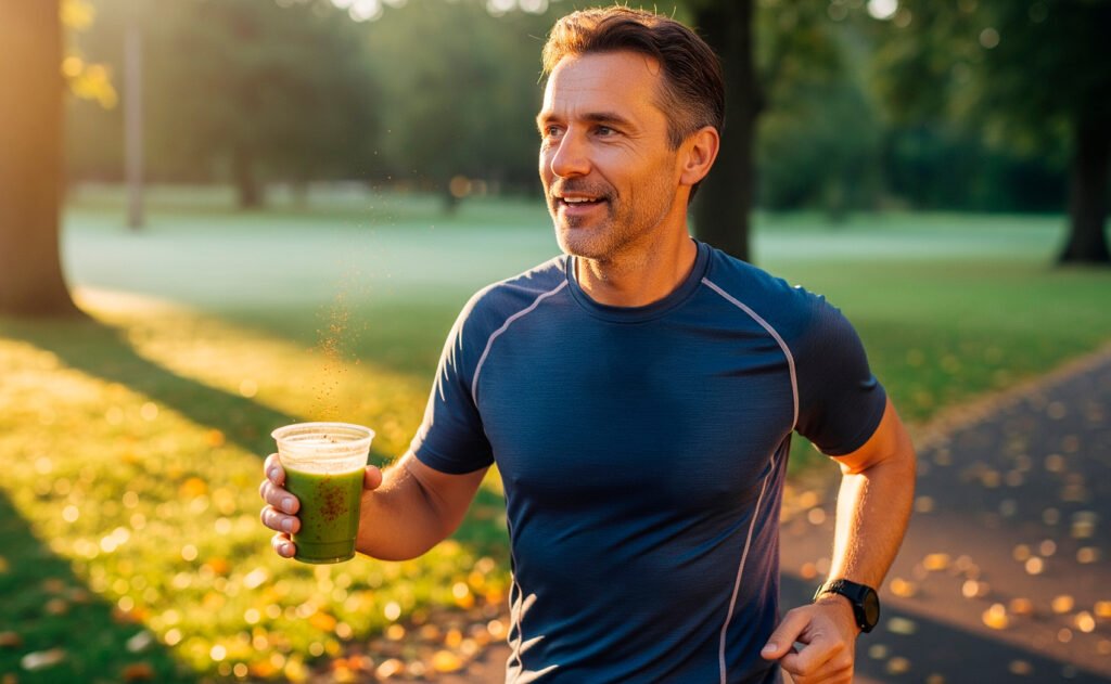 Energy boost from maca shown by man jogging with smoothie