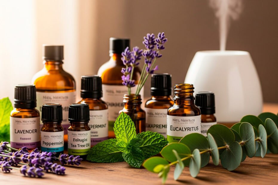 Essential oils benefits displayed with bottles and fresh herbs on wooden surface