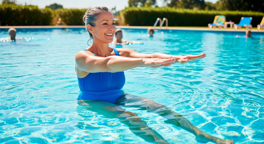 Exercise tips shown with woman doing water aerobics
