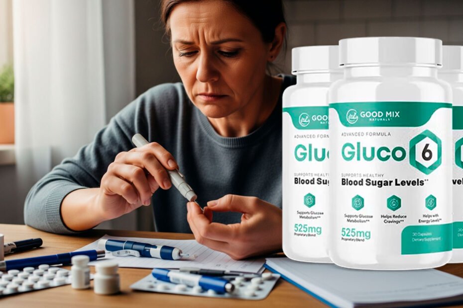 Woman frustrated with diabetes medications seeking GLUT4 relief through natural alternatives. Three bottles of Gluco6 are overlaid in the corner, representing the Gluco6 review.