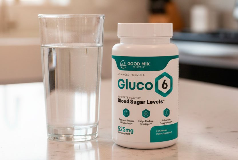 The Gluco6 supplement bottle on a kitchen counter, ready to be taken as part of a daily health and wellness routine.