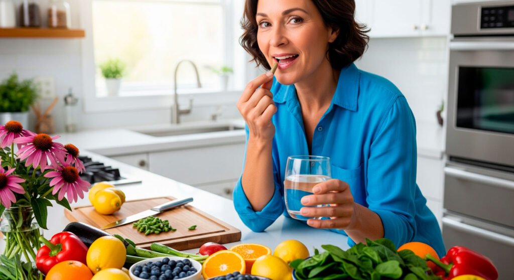 Adult taking capsules for immune support with echinacea and fruits