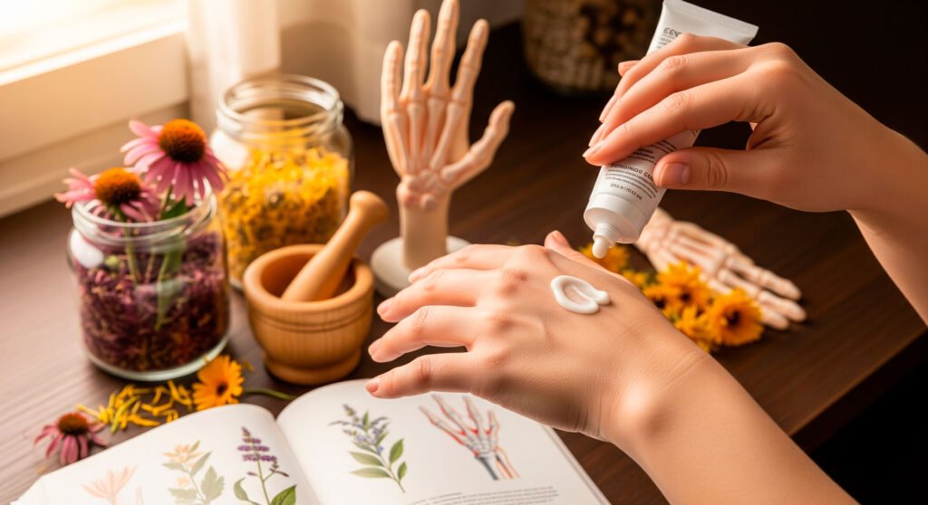Applying cream for inflammation reduction with echinacea on hands