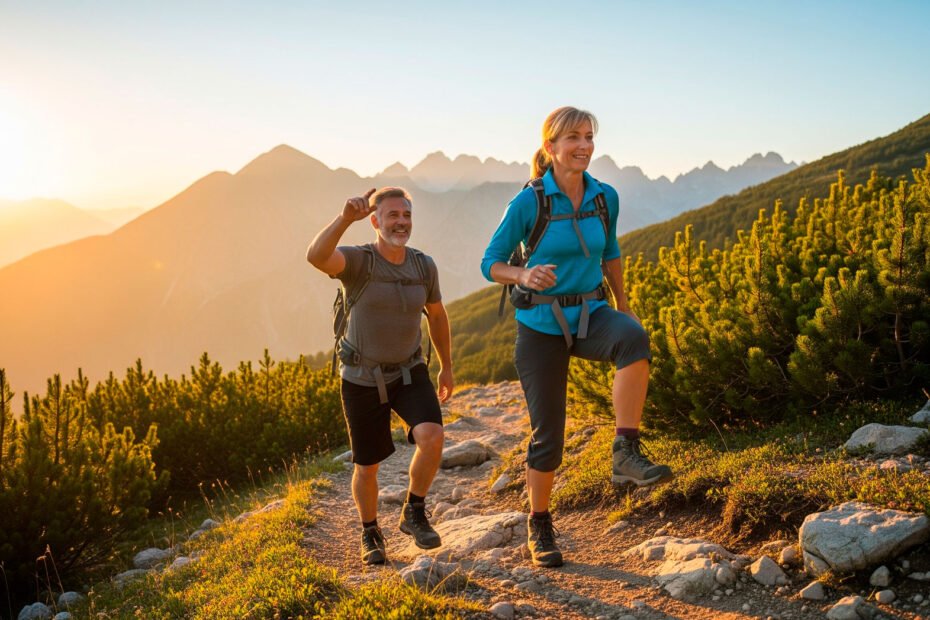Joint health guide demonstrated by active couple hiking mountain trail