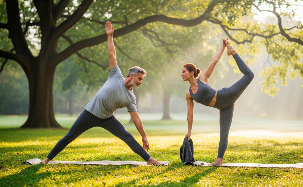 Joint support demonstrated by flexible couple doing yoga outdoors