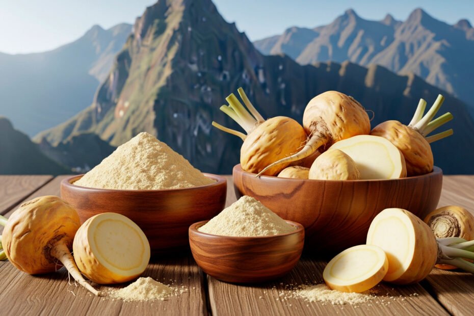 Maca root benefits shown with fresh roots and powder against Andean mountains