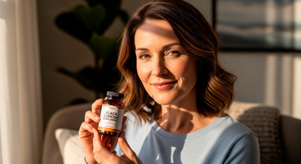 Menopause symptoms relief with woman holding black cohosh supplement