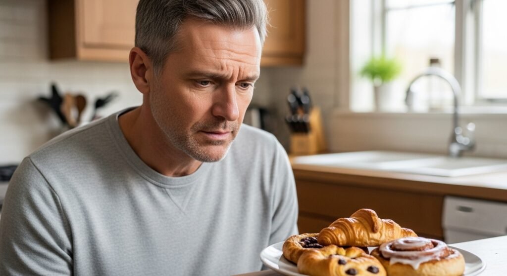 A man considering natural glucose control options, looking at a sugary snack with concern, representing the need for support.