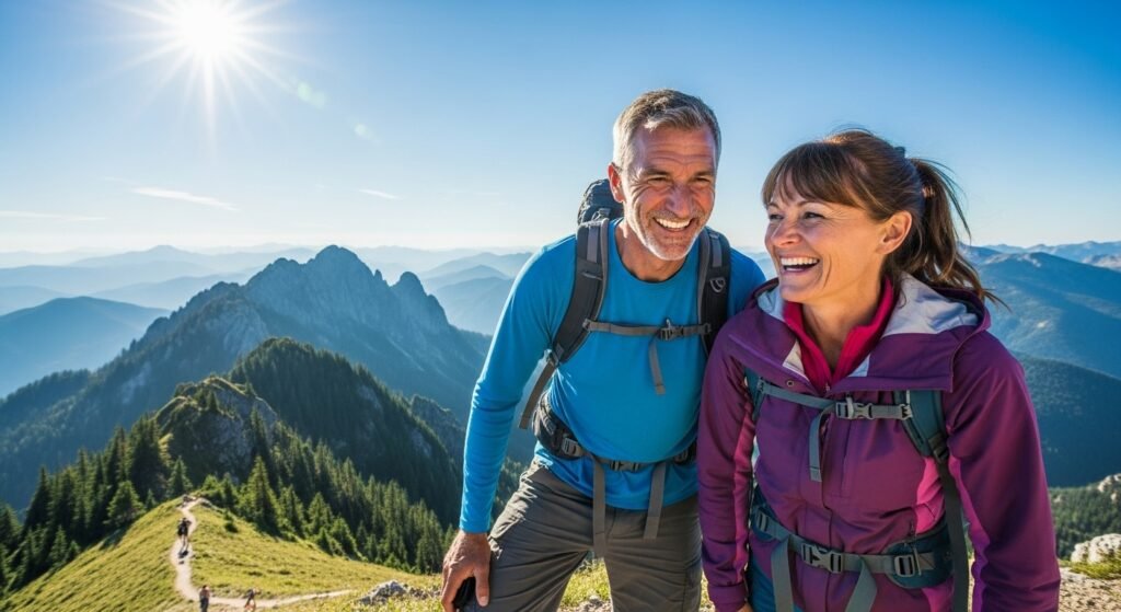 A happy couple enjoying an active lifestyle, demonstrating the positive results of consistent blood sugar support.