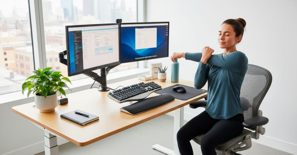 Prevention strategies with ergonomic workplace setup and stretching