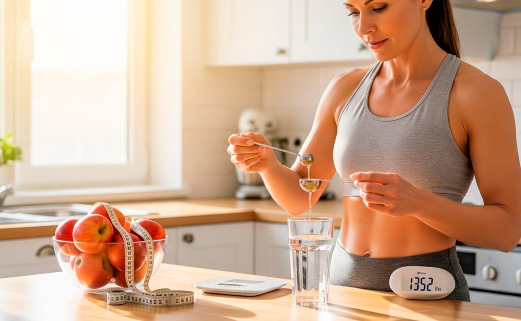 Weight loss support showing woman preparing apple cider vinegar drink