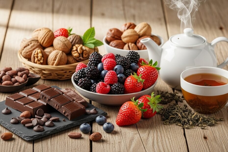 Antioxidant foods including berries nuts and green tea on wooden table