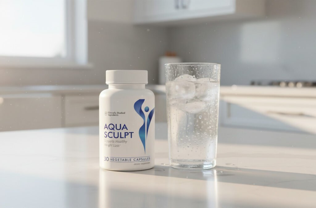 The Aqua Sculpt supplement bottle ready for the daily morning ritual with ice water to activate the metabolism.