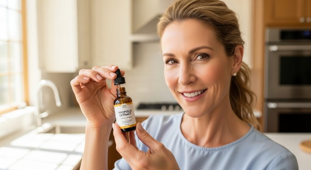 Woman using bee propolis liquid extract in modern kitchen for daily immune system support