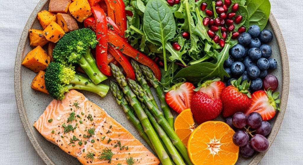 Daily intake of antioxidants shown on balanced meal plate