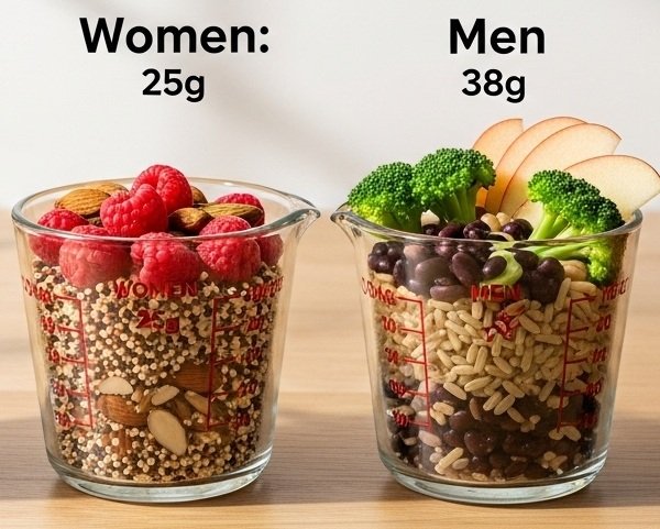 Daily requirements for fiber shown with measuring cups and whole foods