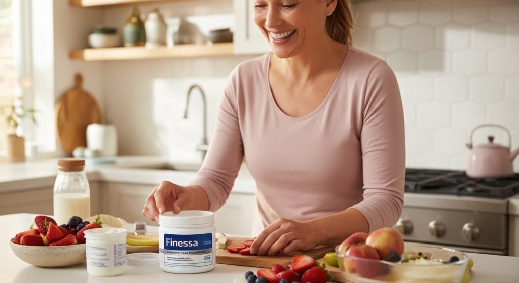 A woman in her 40s prepares a healthy breakfast, feeling vibrant and free from bloating thanks to effective digestive health support.