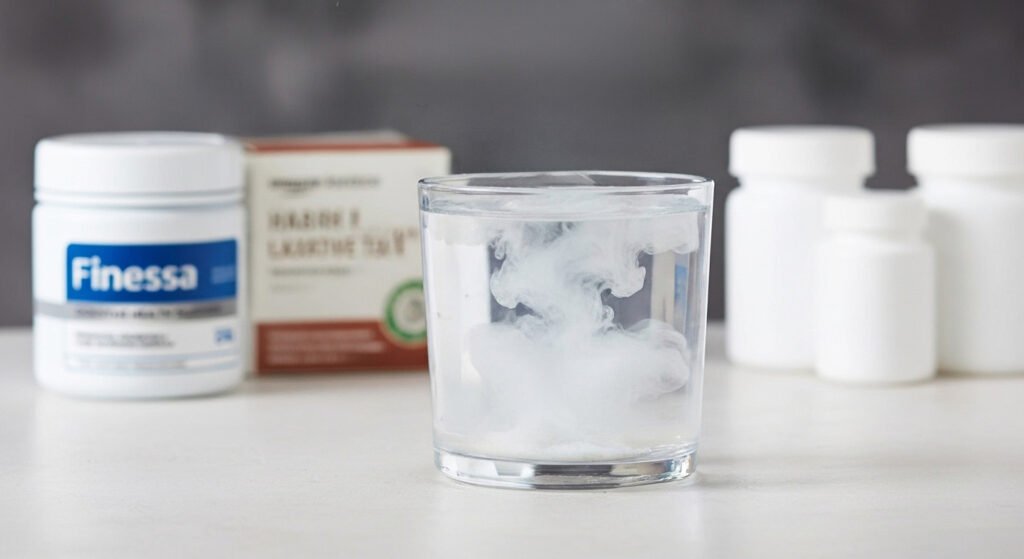 A glass of Finessa gut health powder dissolving in water, presented as a superior, holistic alternative to generic pills and harsh teas.