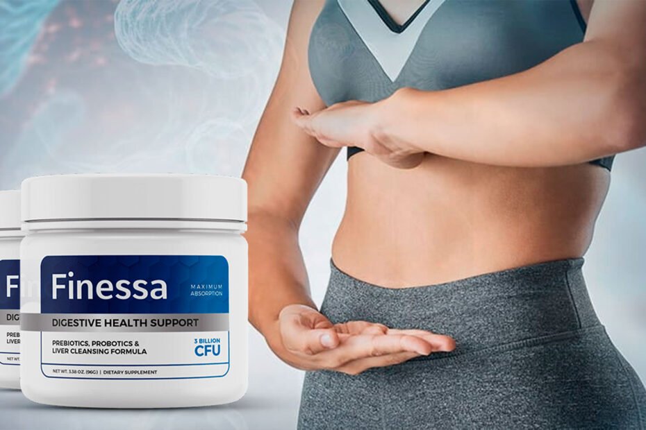 A woman showing her lean belly with a bottle of Finessa on the corner, illustrating the positive results discussed in this comprehensive Finessa review for 2025.