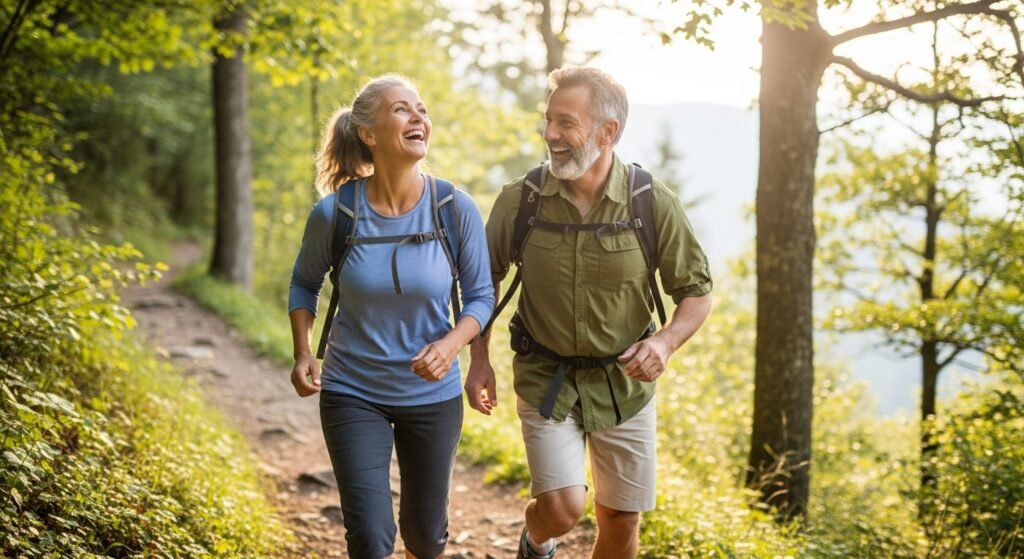 An energetic couple in their 50s hiking, showcasing the renewed vitality that comes from using a quality Finessa supplement for gut health.
