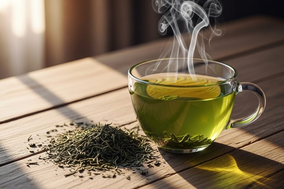 Fresh green tea weight loss beverage in ceramic cup with loose leaves for natural wellness