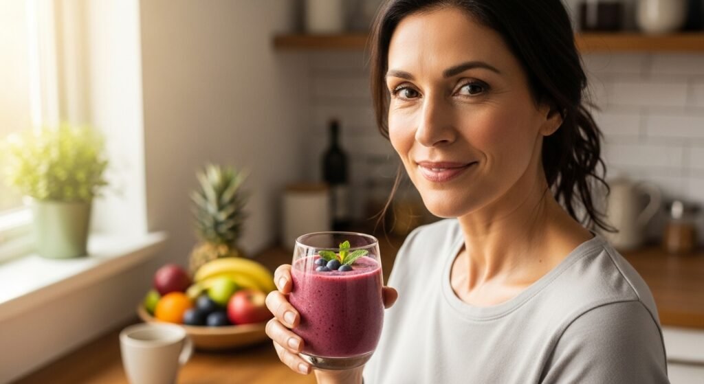 Health benefits shown by woman with glowing skin and smoothie
