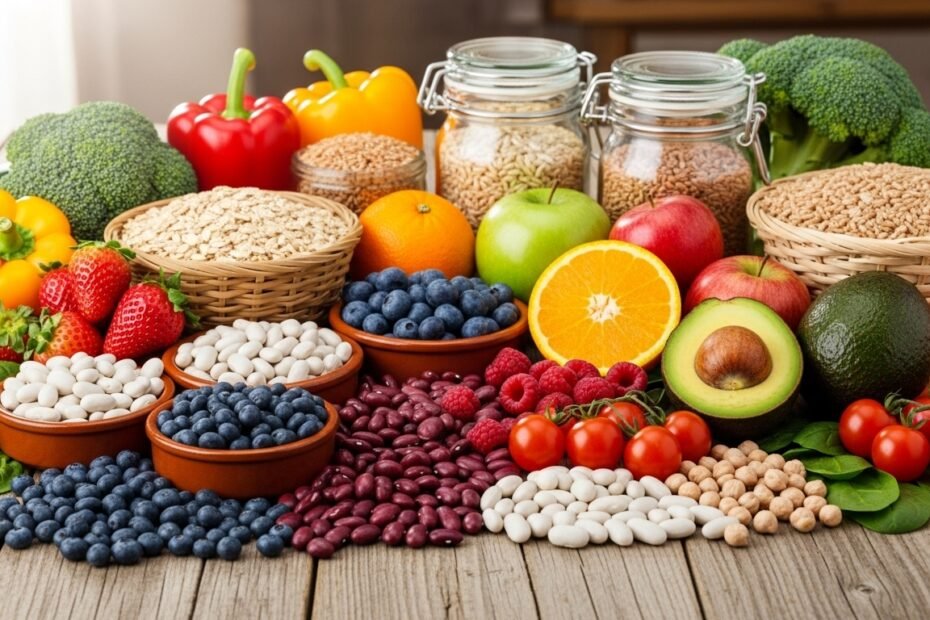 High fiber foods including beans grains fruits and vegetables on wooden table