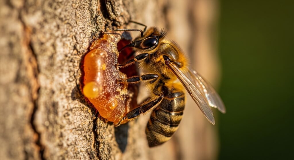 Bee collecting tree resin for immune support propolis production showing natural source material