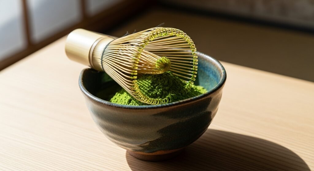 Traditional matcha powder preparation with bamboo whisk for enhanced weight management benefits